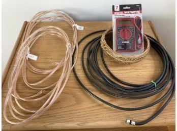 New In The Box Multimeter, Speaker Cables, And Coaxial Cable With Wicker Basket