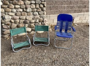 Two Vintage L.L. Bean Collapsible Aluminum Outdoor Ground Chairs And One Blue Vinyl Lawnchair