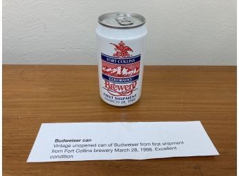 Vintage Unopened Commemorative Can Of Budweiser From First Shipment From Fort Collins Brewery, March 28, 1998