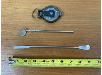 Neat Vintage Compass, Handheld Dental Mirror, And Stainless Steel Scoop Tool