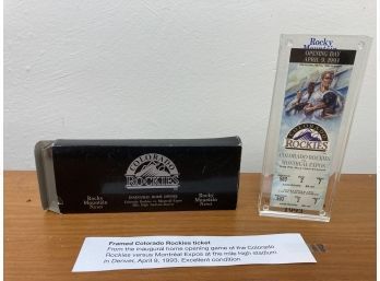 Baseball Fans! Framed Colorado Rockies Ticket From Their Inaugural Home Opening Game, April 9, 1993