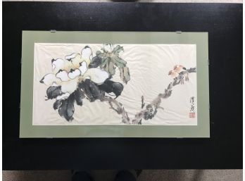 Beautiful Vintage Japanese Watercolor Of Flowers And Birds With Sage Green Mat