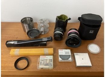 Assortment Of Photographic :& Optical Items Including 2 High-quality Lenses, Telescope, & Film Canister