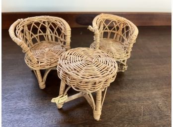 Doll Furniture - Miniature Wicker Chair, Table, And Bench Set