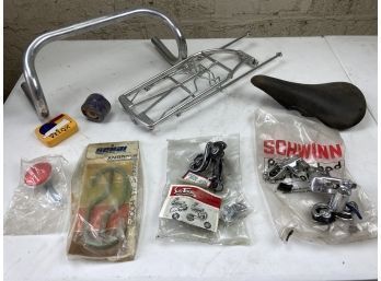Assortment Of Vintage Bike Parts Including Aluminum Bike Rack, Handlebars, Derailers, And More