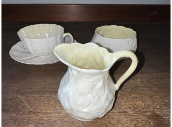 Antique Irish Belleek Fine China Tea Cup, Creamer Pitcher And Sugar Bowl