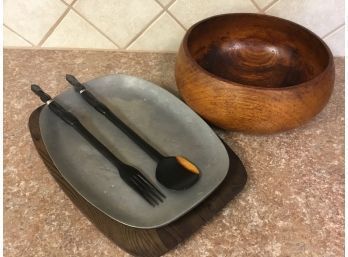 Unique Collection Of Wooden Serving Utensils, Large Wood Bowl And Metal Tray On Wood