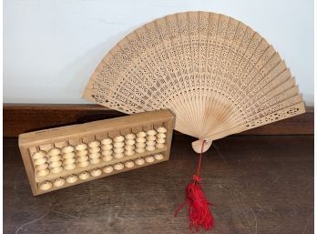 Vintage Japanese Wooden Abacus And Wooden Folding Hand Fan