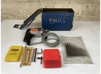 Vintage Chrome Black & Decker Corded Drill With Blue Metal Case And A Couple Sets Of Drillbits