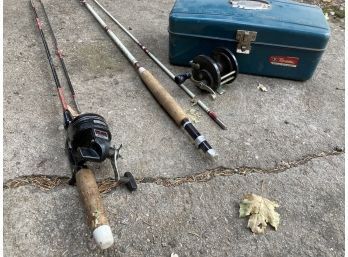 Vintage Fishing Lot Including Blue Metal Tacklebox With Tackle And Reel, Two Fishing Poles, And Extra Reel
