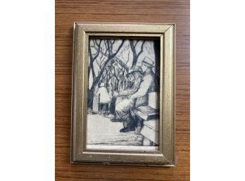 Framed Pen And Ink Drawing Of Man Sitting On A Bench