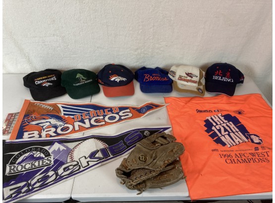 Nice Sports Collection Lot With Broncos & Rockies Pennants, Hat Collection, 12th Man Towel, & Baseball Glove