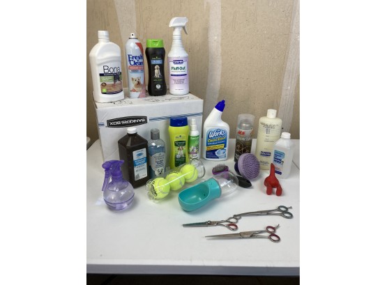 Dog Grooming Supplies, Bathing And Cleaning Chemicals, Tennis Balls, And Varied Dog Hair Cutting Scissors