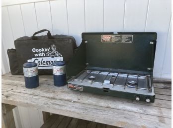 Really Nice Coleman Propane Camp Stove In Handy Carrying Bag With Two Propane Tanks