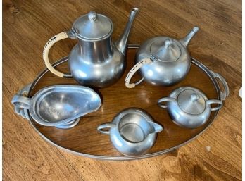 Set Of Silver Serving Dishes With Silver/Wooden Serving Tray