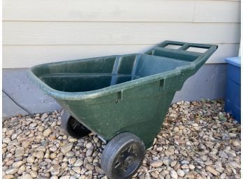 Wonderful Big Sturdy Rubbermaid Brand Green Yard Cart With Wheels And Holes To Hold Your Garden Tools