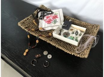 Nice Assortment Of Jewelry And Earrings With Pretty Wicker Basket Dish