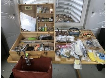 LOOK!Awesome FLY FISHING Tying Station With Really Nice Tying Vice, Table, Chair, & LOTS OF SUPPLIES AND TOOLS