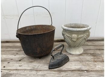 Assortment Of Outdoor/garden Decorations Including Nice Vintage Cast-iron Kettle, Cast-iron Iron, & Cast Po T