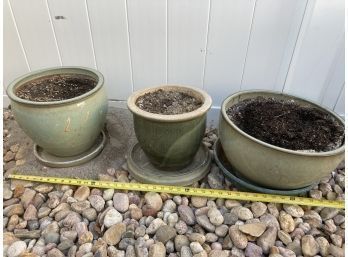 Three Big Green Ceramic Planting Pots With Potting Soil (see Photos For Condition)