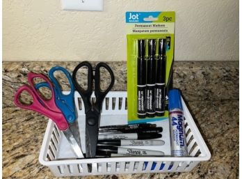Assortment Of Scissors And Markers With Storage Basket