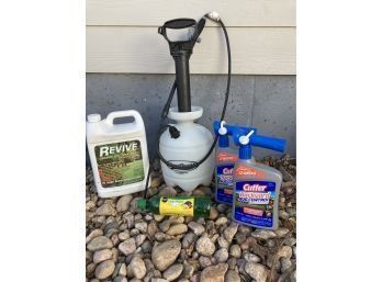 Assortment Of Yard Chemicals And Outdoor Pump Including Organic Soil Treatment And Cutter Backyard Bug Control