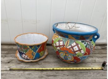 Three Mexican Motif Planter Pots (largest One Has Visible Cracks, See Photos)