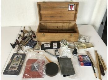 Wooden Artist Case With Assorted Art Supplies Including Watercolors, Oil Pastels, And More (See Photos)