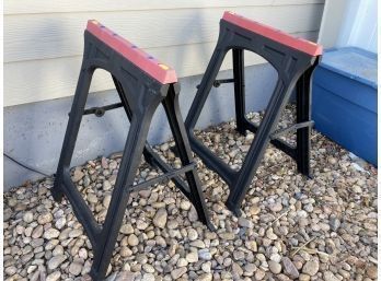 Handy Set Of Collapsible Sawhorses, Lightweight But Stamped Rated For 350 Pounds Each