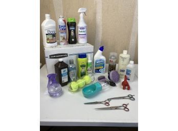 Dog Grooming Supplies, Bathing And Cleaning Chemicals, Tennis Balls, And Varied Dog Hair Cutting Scissors