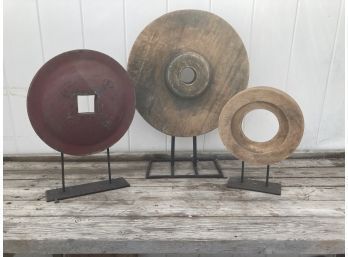 Big Wooden Decorative Gear Circles Mounted Steel Stands, Pretty Vintage Industrial