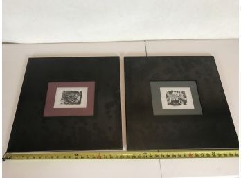 Two Big Metal Picture Frames With Small Black And White Matted Art