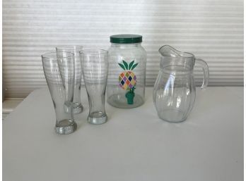 3 Tall Beverage Glasses , Glass Pitcher & Ice Tea Jar