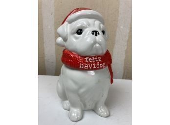 Cute White Ceramic Bulldog Cookie Jar With A Red Scarf That Reads 'Feliz Navidog'