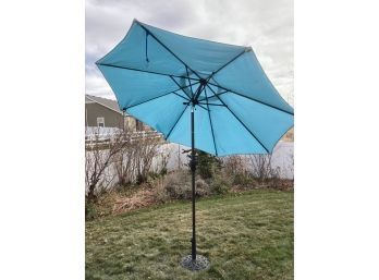 Tall Blue Lawn Umbrella With Black Metal Base, With Tilt And Reel
