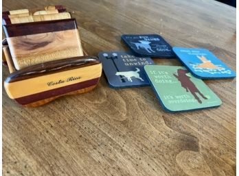 Two Sets Of Coasters - Wooden Coasters From Costa Rica And Dog Themed Coasters