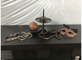 Unique Lot Featuring Decorative Metal Display Tray, Jewelry, Copper Container, And Leather Masquerade Mask
