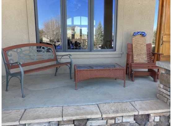 3 Piece Front Porch Furniture Set Featuring Bench, Woven Table With Glass, & Rocker With Homemade Headrest