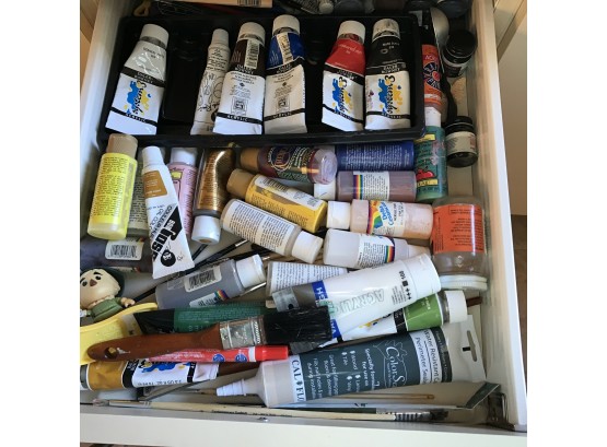 Contents Of Two Drawers Full Of Miscellaneous Paint And Craft/repair Glue's And Such