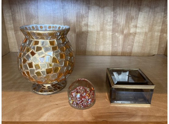 Three Glass Pieces Featuring Blown Glass Ball, Mosaic Candle Holder, And Beveled Glass Jewelry Box