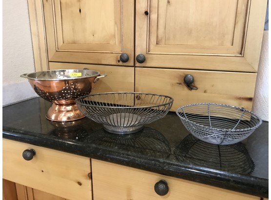Two Wire Decorative Baskets And One Copper Kitchen Strainer