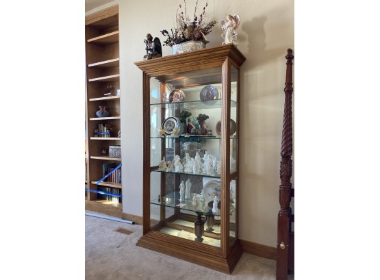 Beautiful Very Tall Lighted Fancy Wooden Display Case With Plate Glass Shelves (knickknacks Not Included)