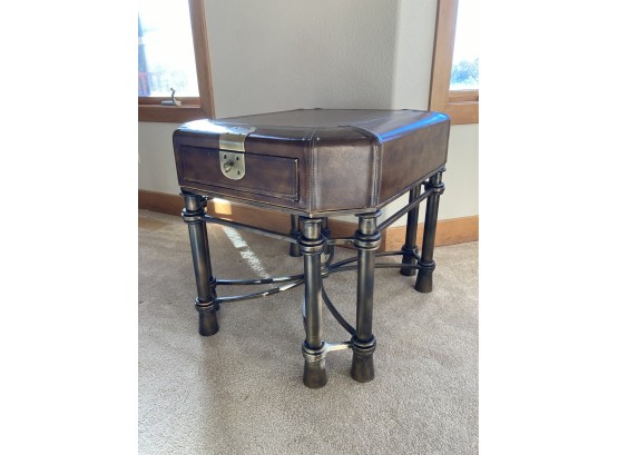Sturdy Unique Leather Bound Table With Drawer Including Items In The Drawer