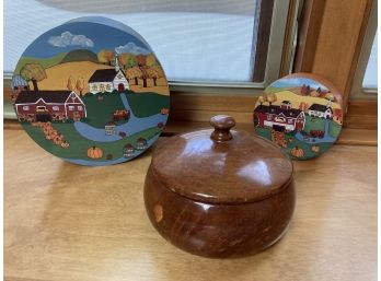 Two Hand-painted Wooden Round Boxes And One Hand Carved Wooden Bowl With Lid And Golf Tees