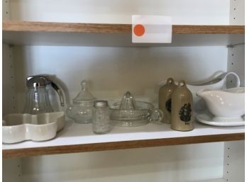 Nice Assortment Of Decorative Glass Featuring White Porcelain Gravy Pitchers, 6 & 10 Ounce Ceramics, And More