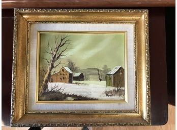 Small Painting In Gold Frame Of Antique Snowy Cabin