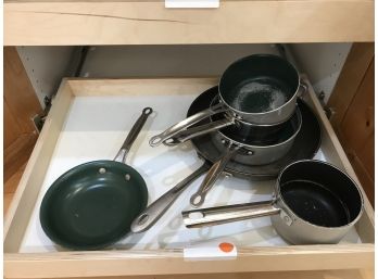 A Couple Of Frying Pans And Sauce Pans