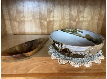 Beautiful Hand Carved Wooden Dish And Hand Thrown Earthenware Ceramic By Glen Sexton, With Doily