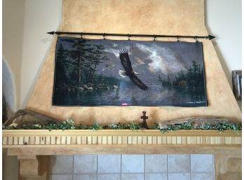 Decorative Collection Featuring Large Wall Tapestry Of Eagles Soaring, Drift Wood, Cross, And Faux Vine