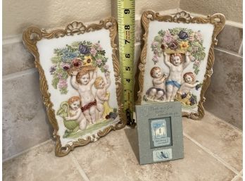 Two Ceramic Rectangular Gold Gilded Decorative Platters And A Picture Frame With Bible Verse